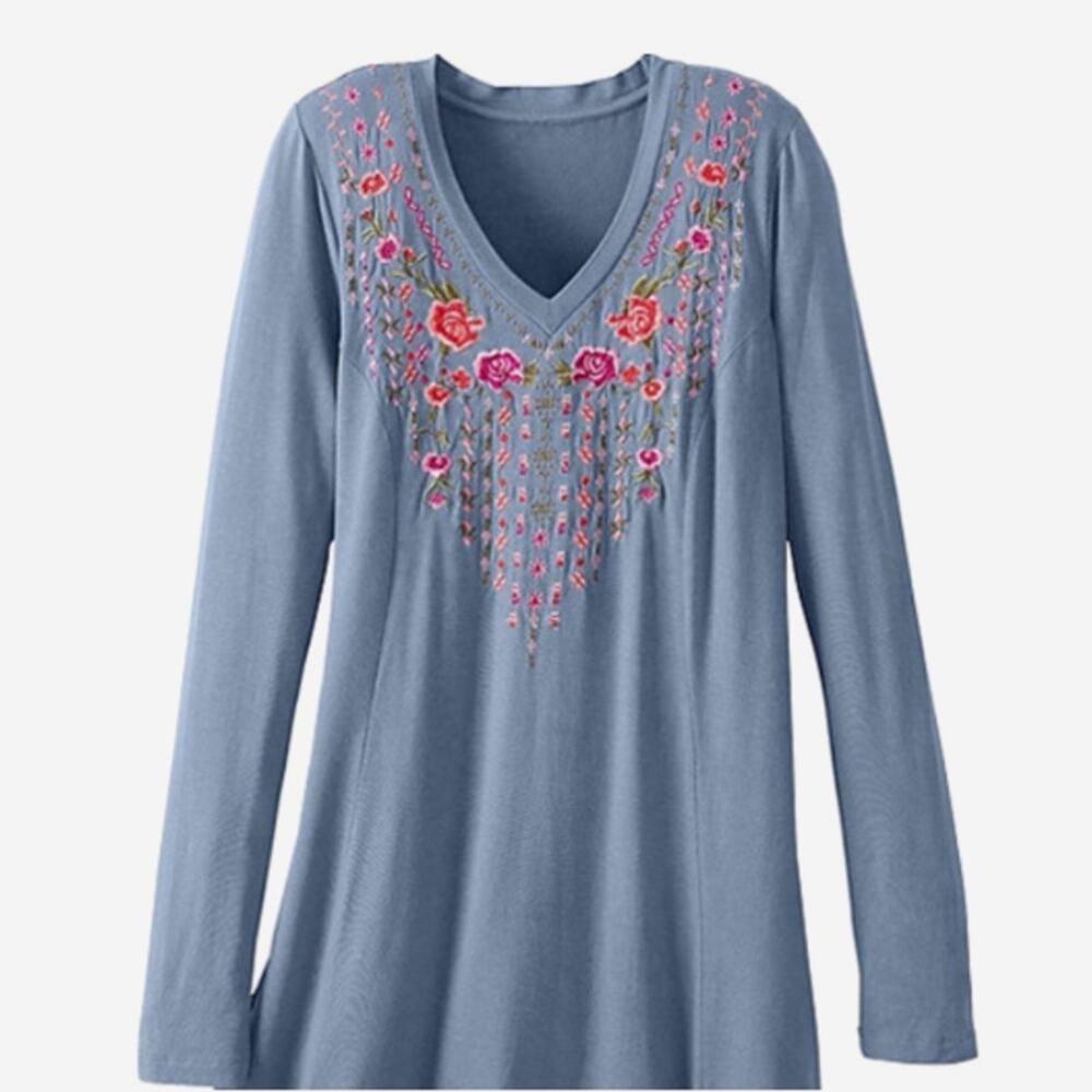 Sahalie Romantic Folklore Embroidered Tunic Long Sleeve Top Medium